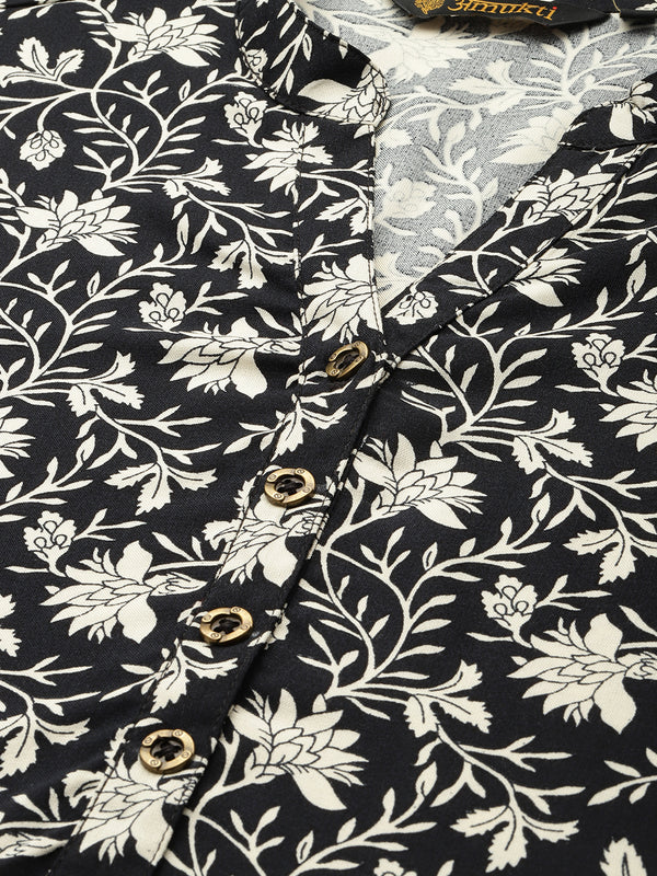 Black & White Floral Printed Kurta with a pocket 