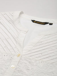 White Floral Embroidered Mandarin Collar Thread Work Kurta