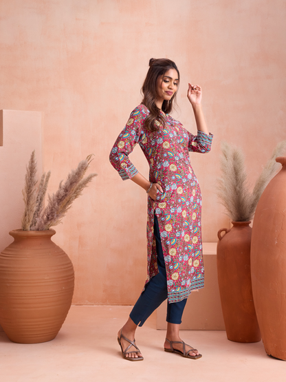 Red Floral Printed Kurta