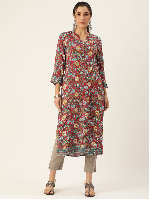 Red Floral Printed Kurta with a pocket 