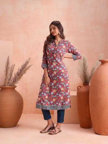 Red Floral Printed Kurta