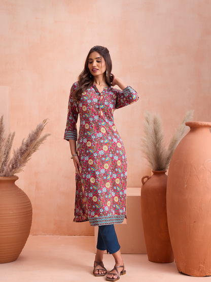 Red Floral Printed Kurta