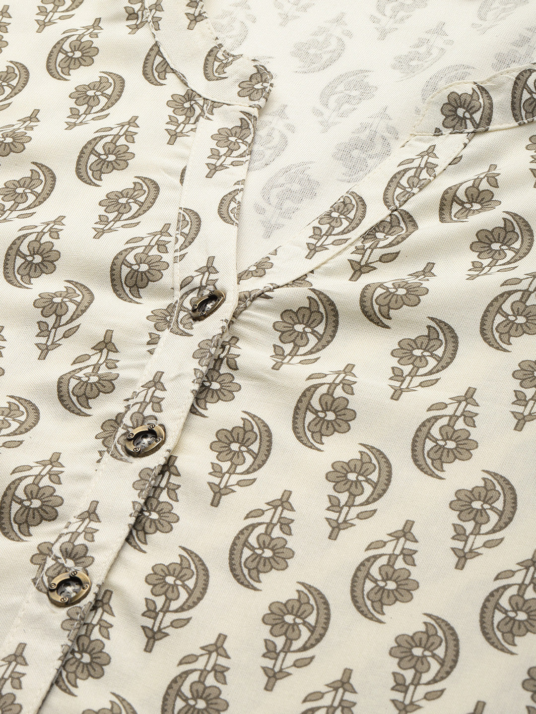 Ivory Floral Printed Roll-Up Sleeves Kurta