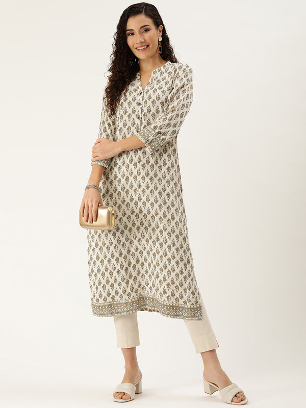 Ivory Floral Printed Roll-Up Sleeves Kurta with a pocket 