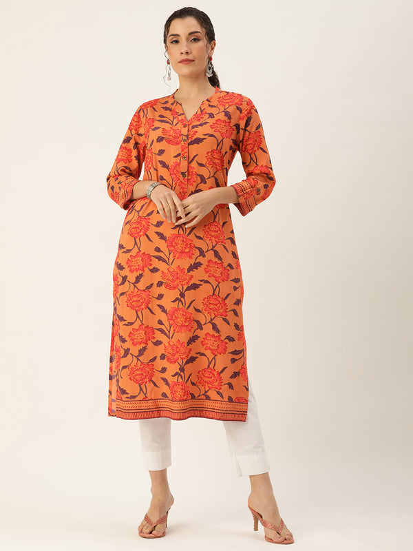 Orange Floral Printed Kurta with a pocket