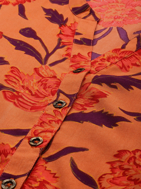 Orange Floral Printed Kurta with a pocket