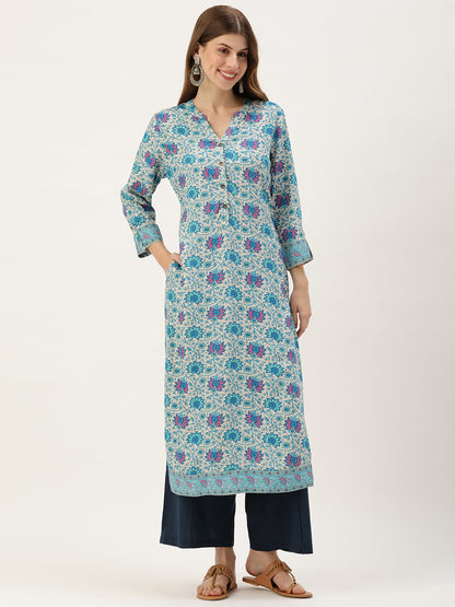 Blue & Purple Floral Printed Kurta with a pocket 