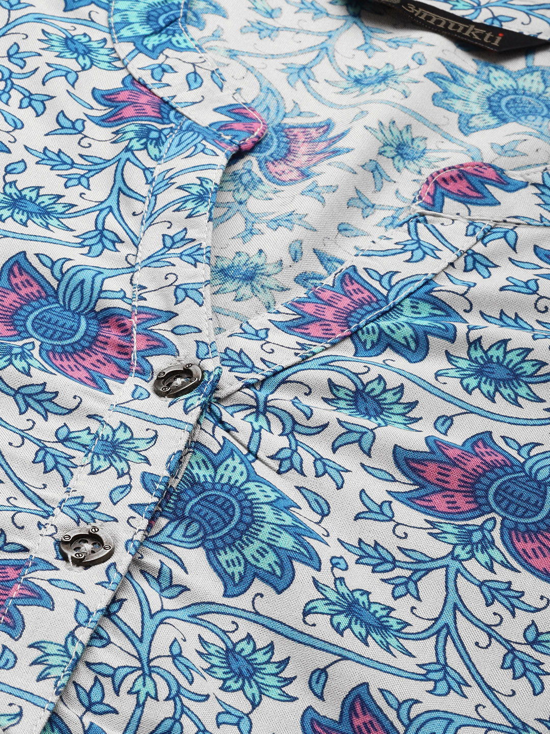 Blue & Purple Floral Printed Kurta with a pocket 