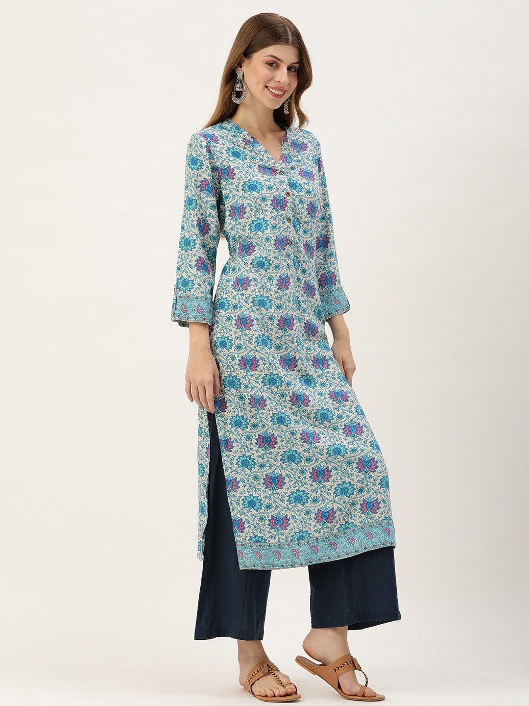 Blue & Purple Floral Printed Kurta with a pocket 