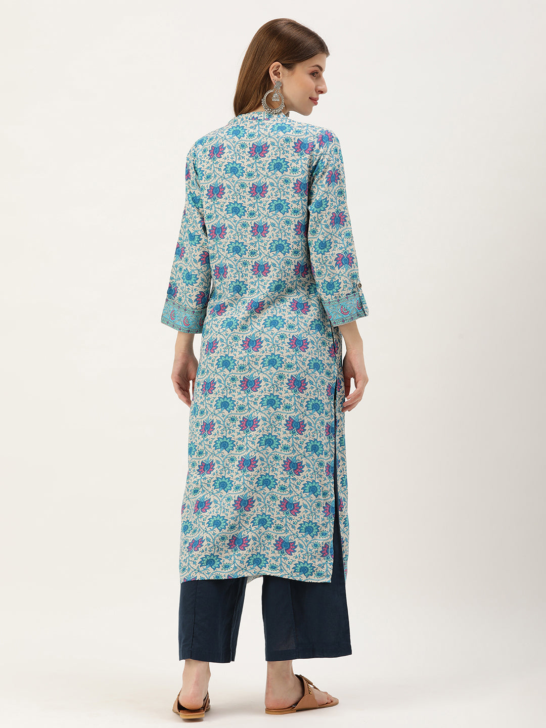 Blue & Purple Floral Printed Kurta with a pocket 