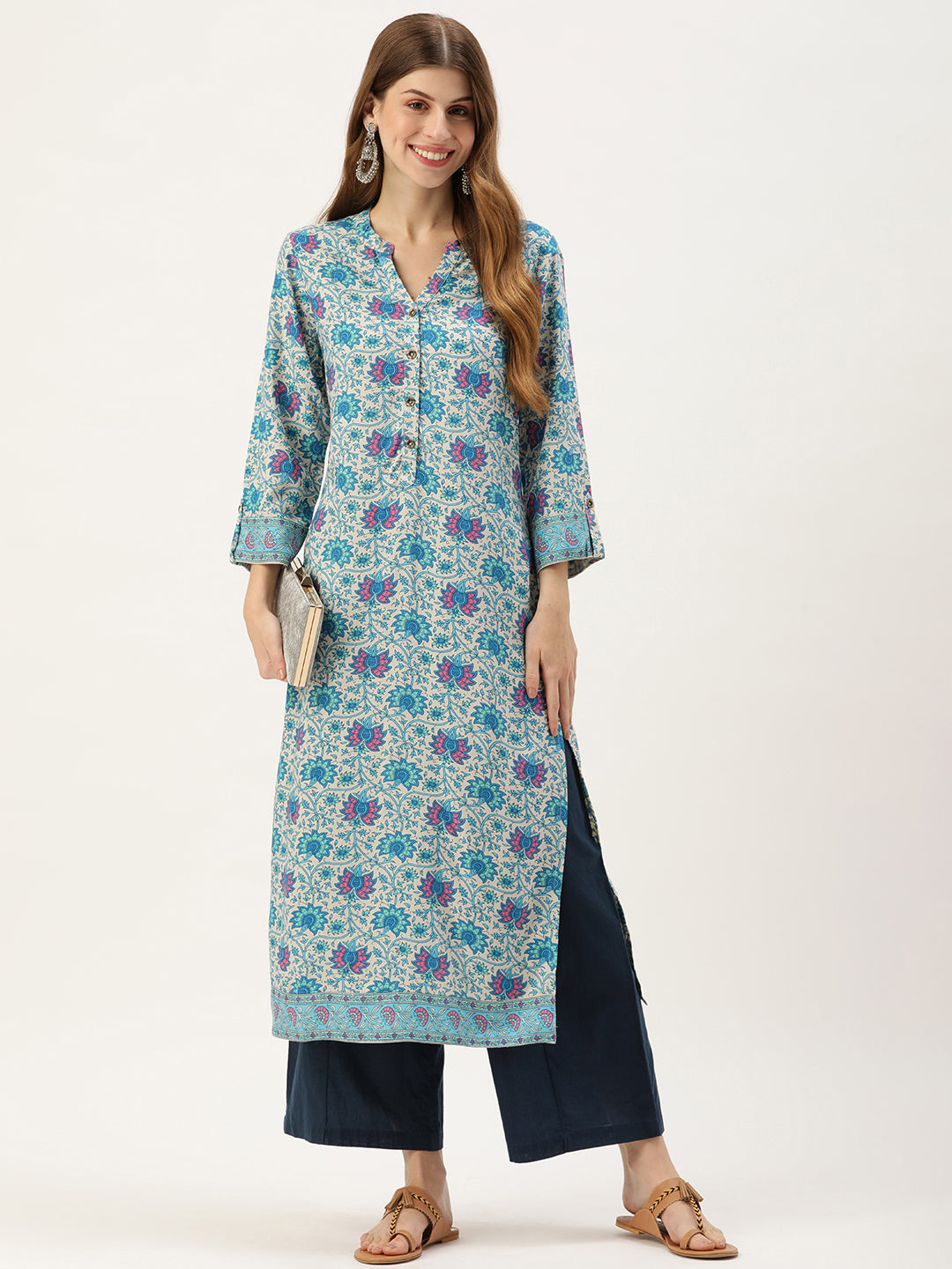 Blue & Purple Floral Printed Kurta with a pocket 