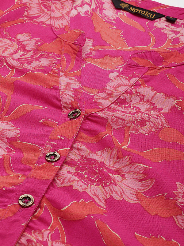 Pink Floral Printed Kurta with a pocket