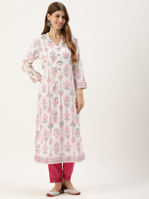 White & Pink Floral Printed Kurta with a pocket 