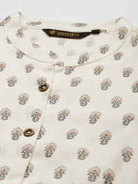 Ivory Ethnic Motifs Printed Mandarin Collar Roll-Up Sleeves Kurta