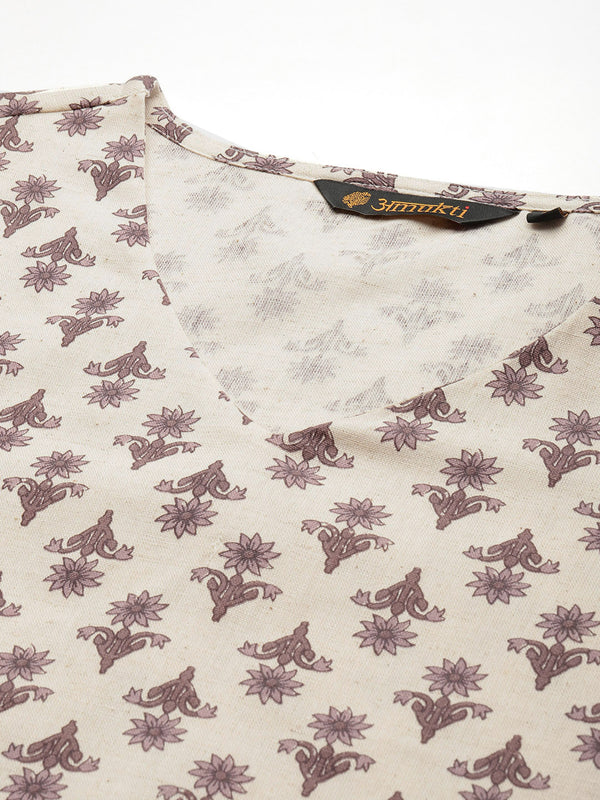 Beige Floral Printed Kurta with a pocket 