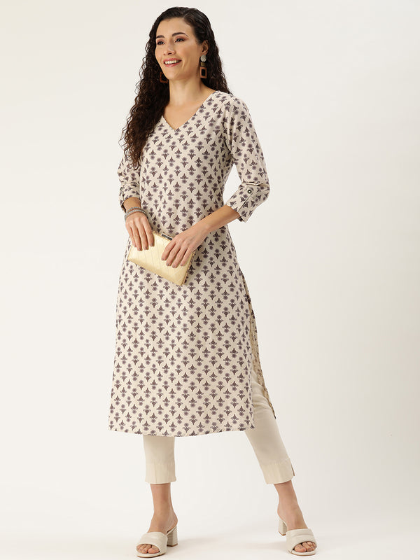 Beige Floral Printed Kurta with a pocket 