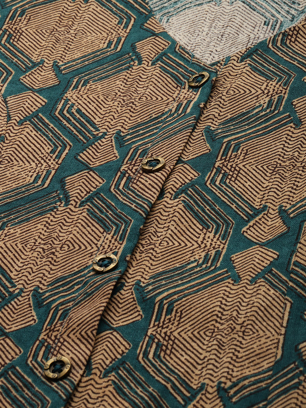 Teal & Beige Geometric Printed Roll-Up Sleeves Kurta with a pocket 