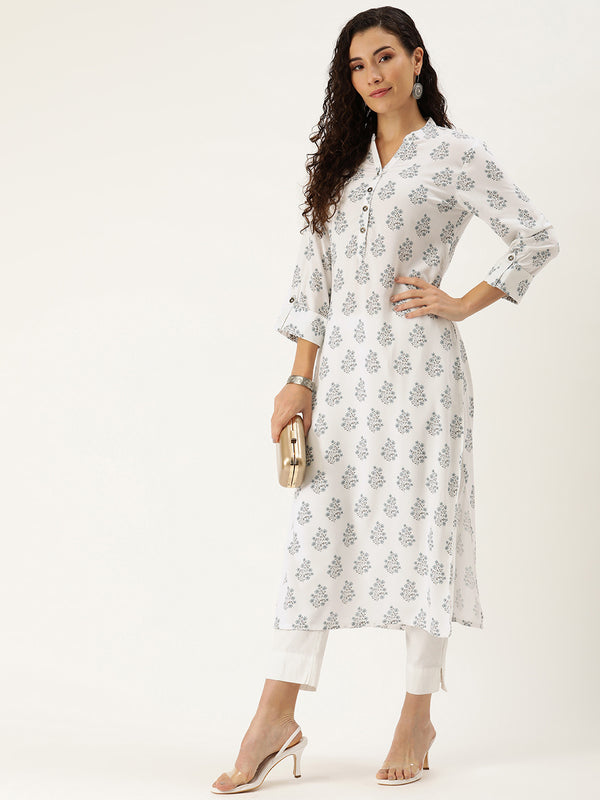 White Floral Printed Mandarin Collar Roll-Up Sleeves Kurta with a pocket 