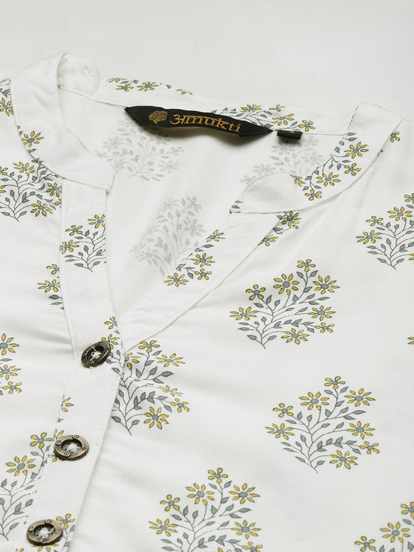 White Mandarin Collar Printed Ethnic Tunic