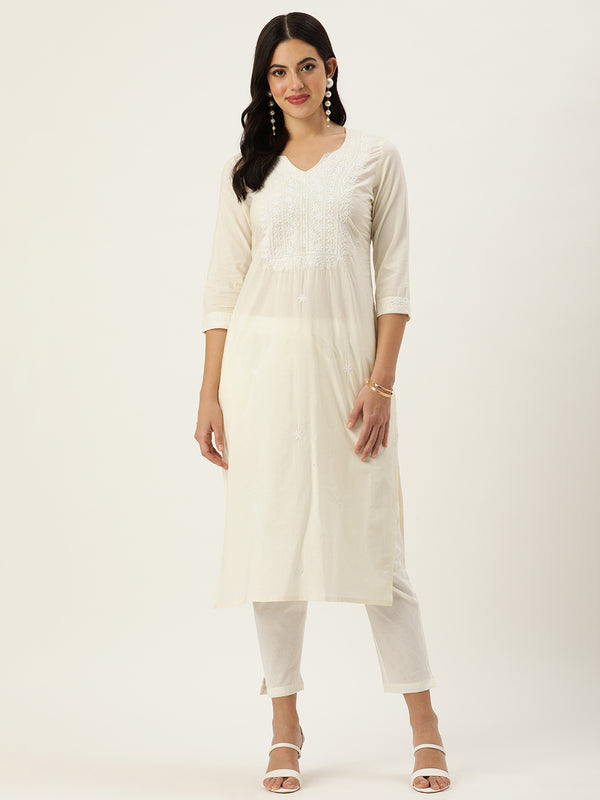 Ivory Floral Embroidered Thread Work Kurta with a pocket 