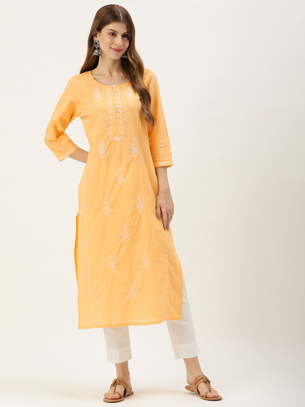 Yellow Floral Embroidered Kurta with a pocket 