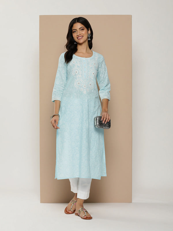 Blue Floral Embroidered Sequined Kurta with a pocket 