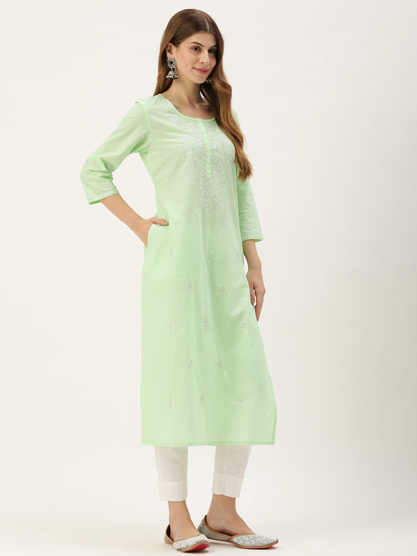 Pista Floral Embroidered Kurta with a pocket 