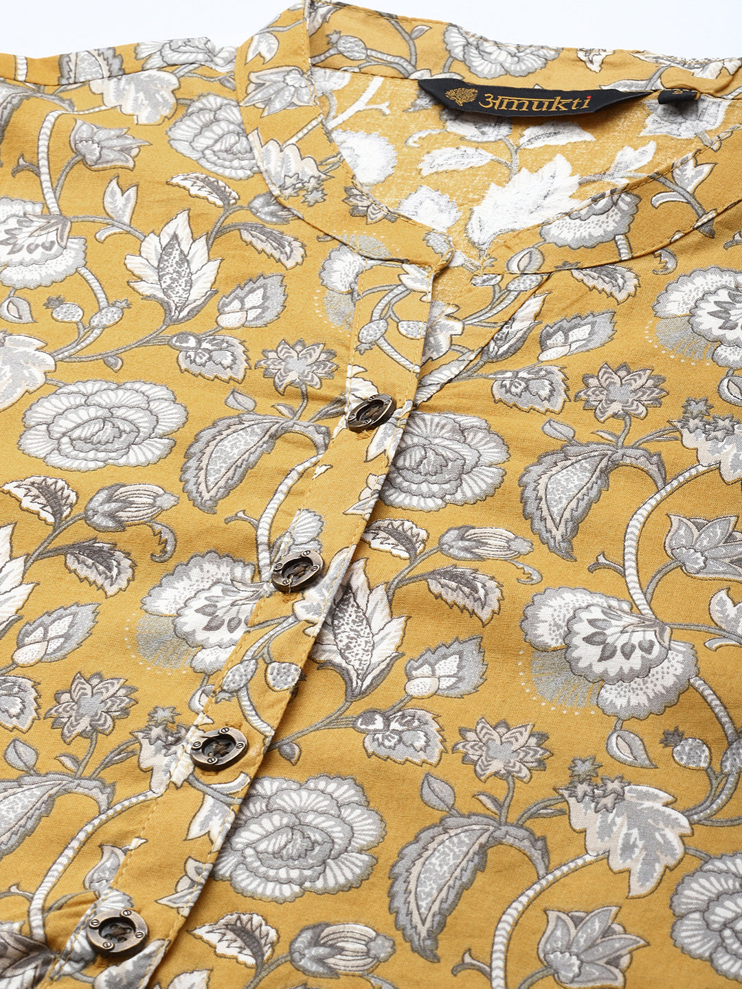 Mustard Yellow Floral Printed Mandarin Collar Tunic