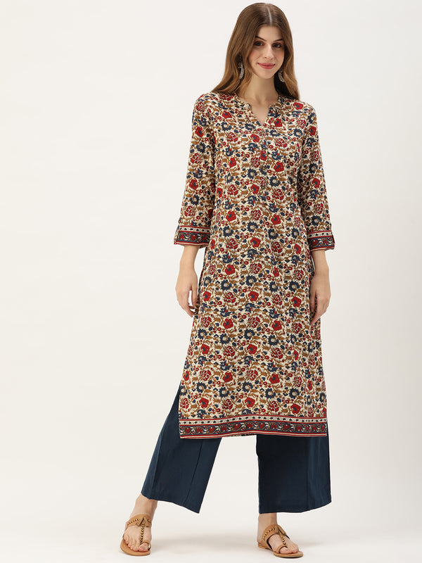 Red & Blue Floral Printed Kurta with a pocket 