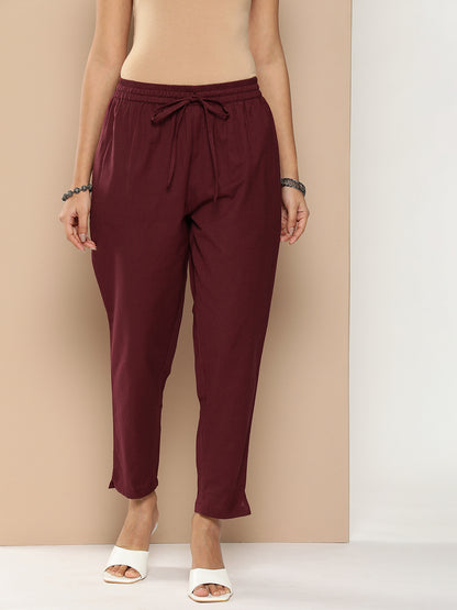 Maroon Solid Pleated Cigarette Trousers