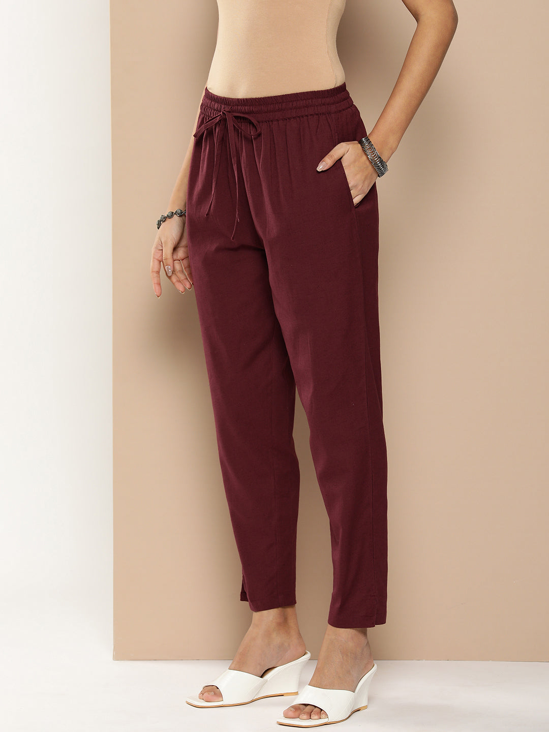 Maroon Solid Pleated Cigarette Trousers