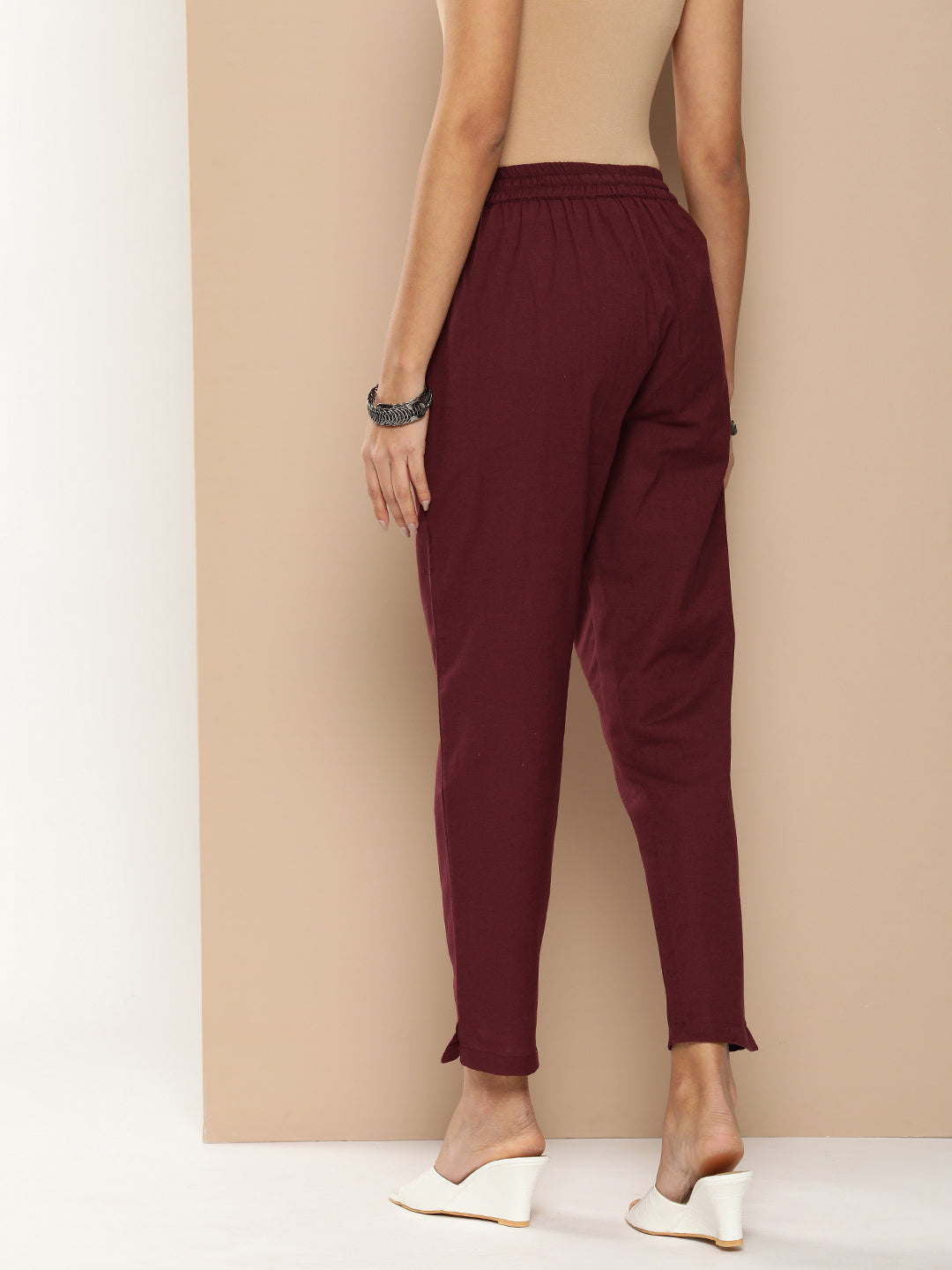 Maroon Solid Pleated Cigarette Trousers