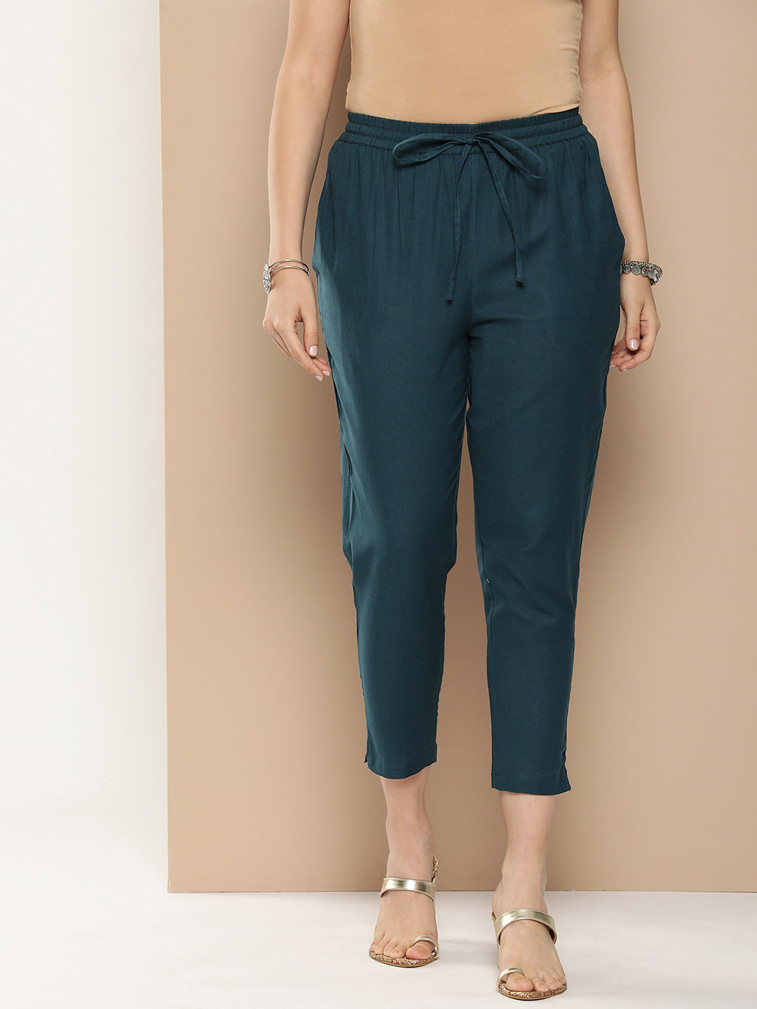 Blue Solid Pleated Cigarette Trousers