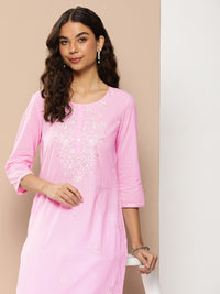 Pink Floral Embroidered Kurta with a pocket Pink Floral Embroidered Kurta with a pocket 