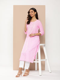 Pink Floral Embroidered Kurta with a pocket 