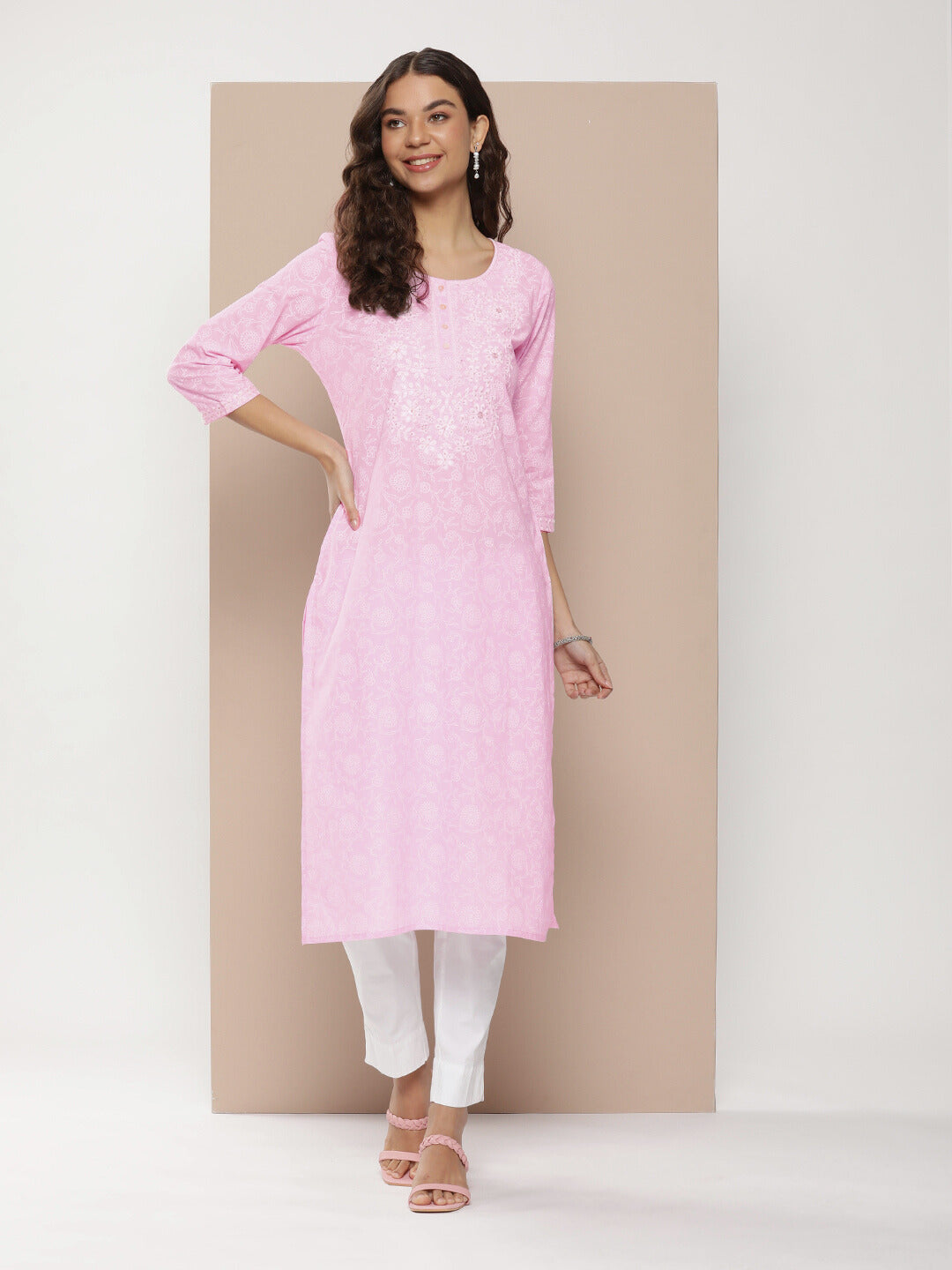 Pink Floral Embroidered Kurta with a pocket 