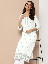 White Floral Embroidered Kurta with a pocket 