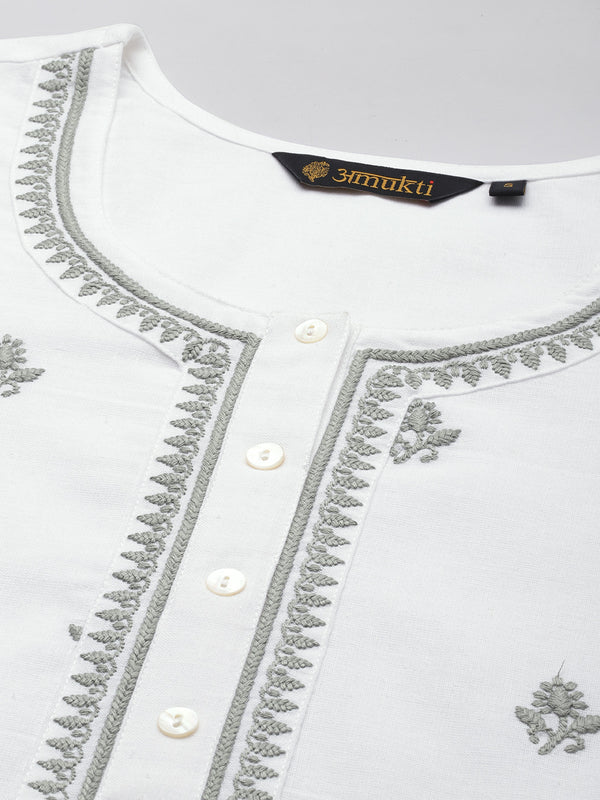 White Floral Embroidered Kurta with a pocket 