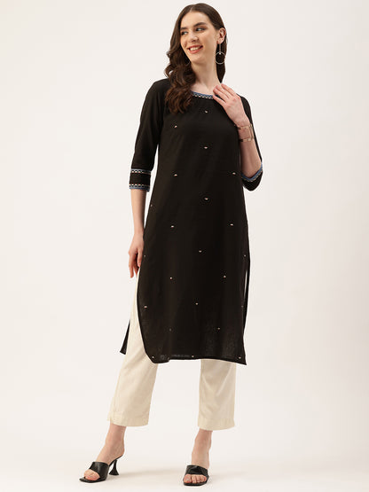 Black Embroidered Thread Work Floral Kurta