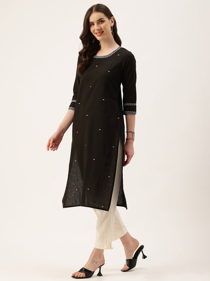 Black Embroidered Thread Work Floral Kurta