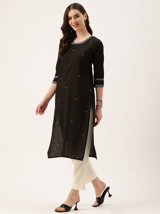 Black Embroidered Thread Work Floral Kurta