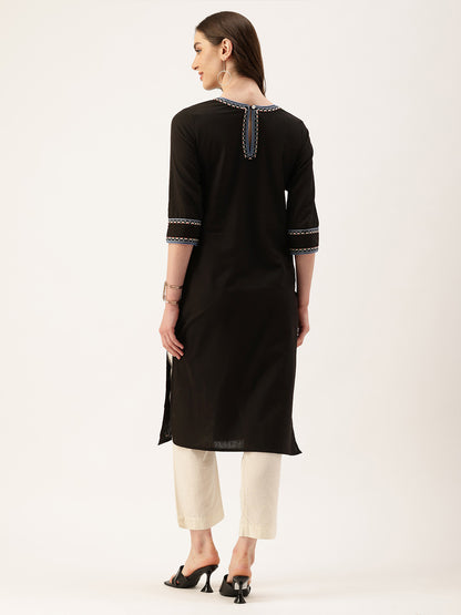 Black Embroidered Thread Work Floral Kurta