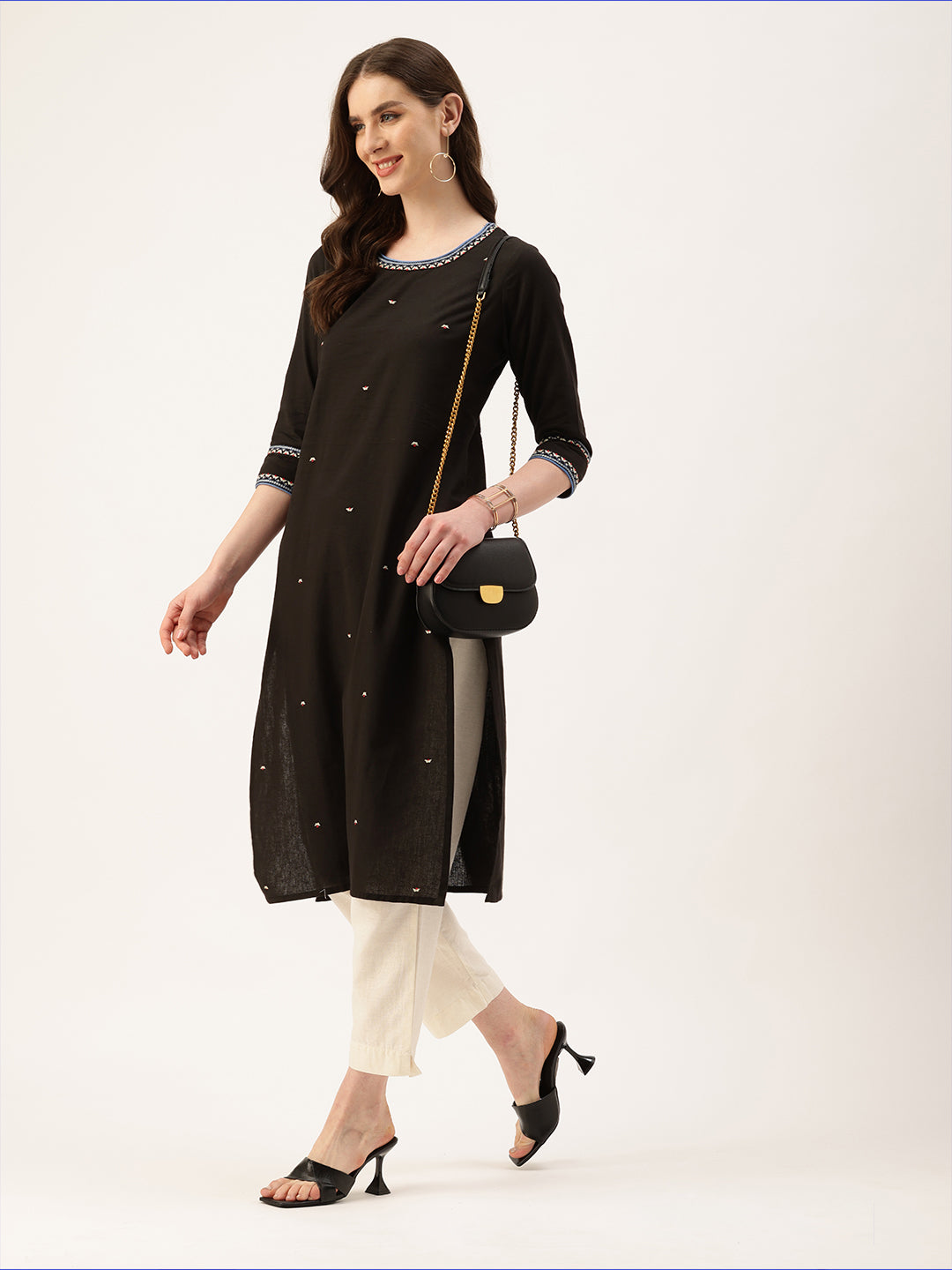 Black Embroidered Thread Work Floral Kurta
