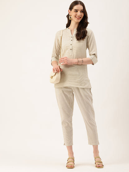 Off White Mandarin Collar Striped Tunic