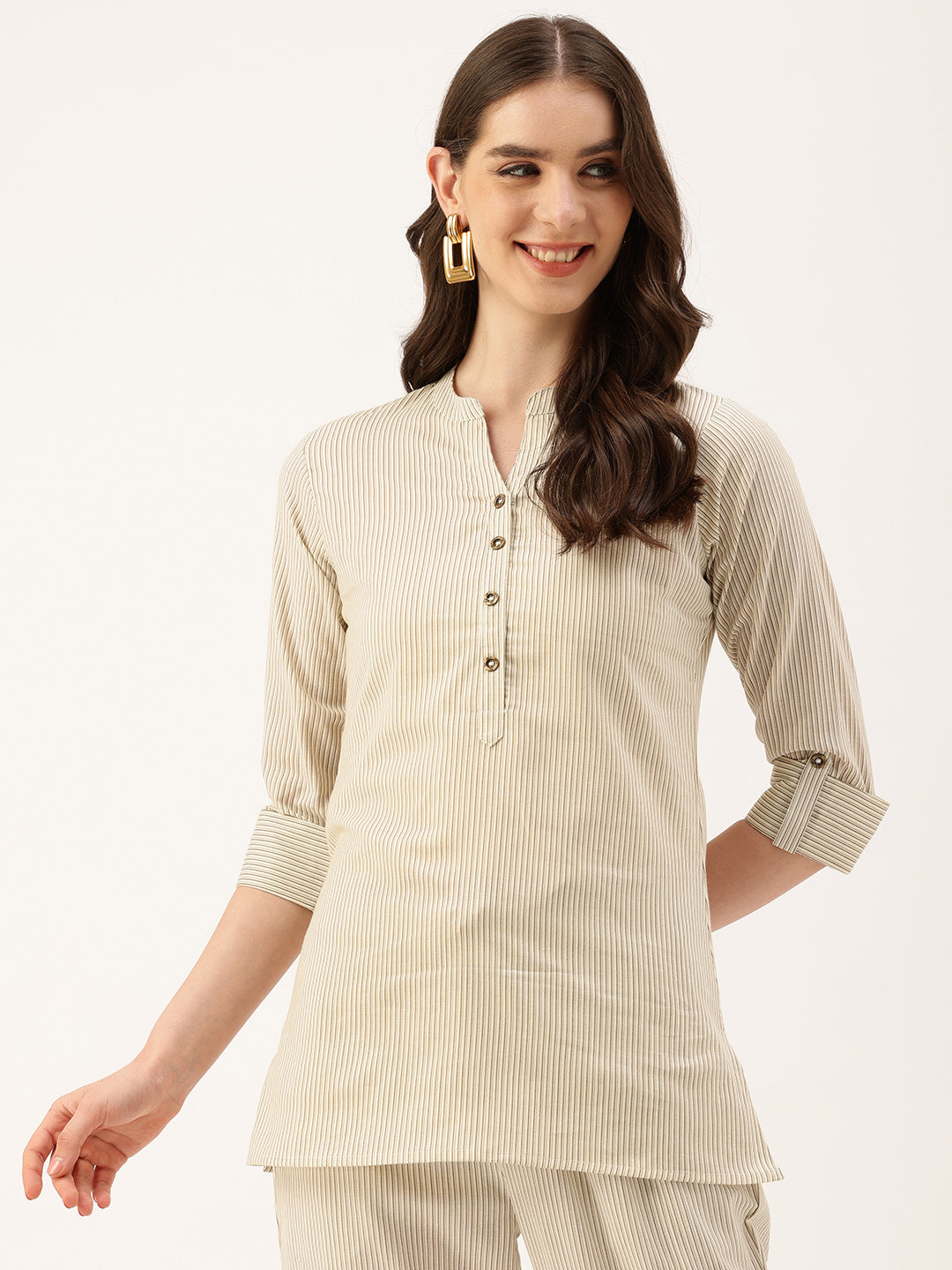 Off White Mandarin Collar Striped Tunic
