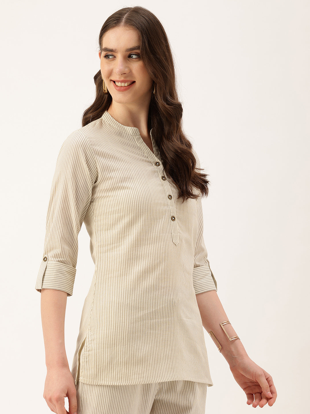 Off White Mandarin Collar Striped Tunic