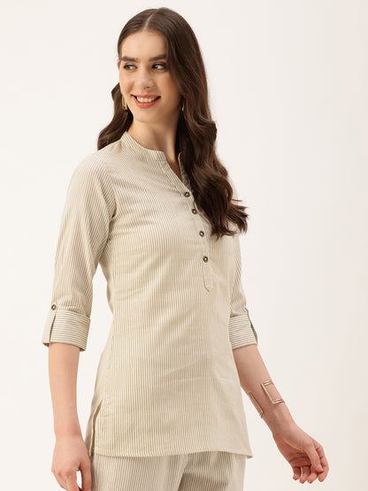 Off White Mandarin Collar Striped Tunic