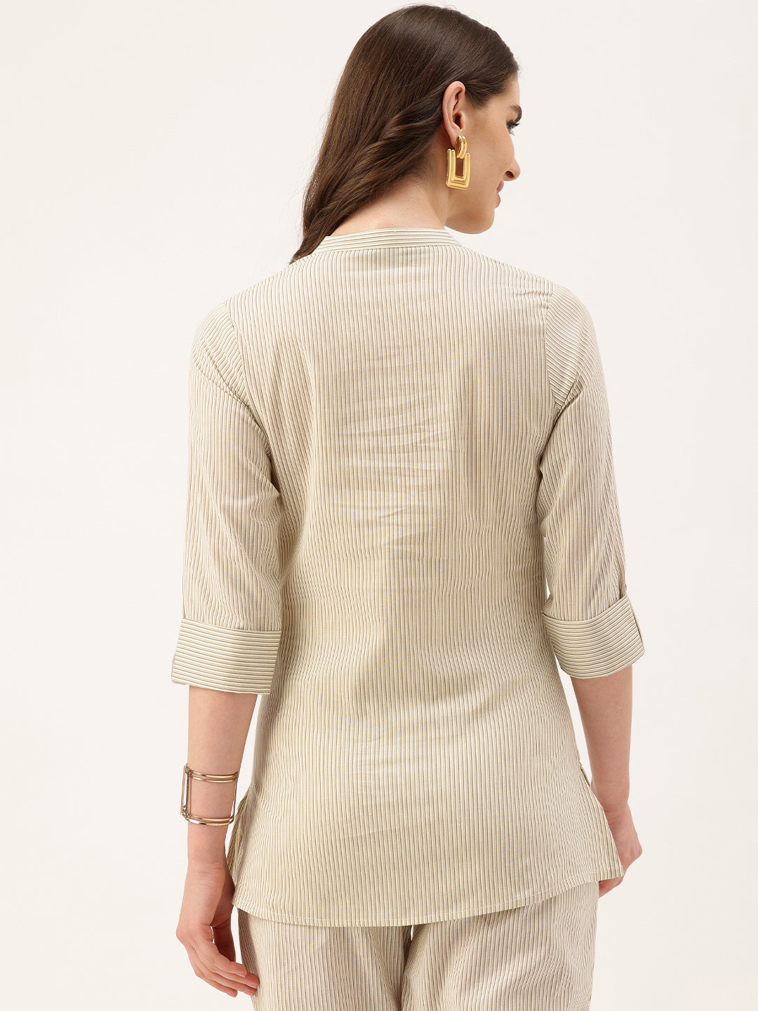 Off White Mandarin Collar Striped Tunic