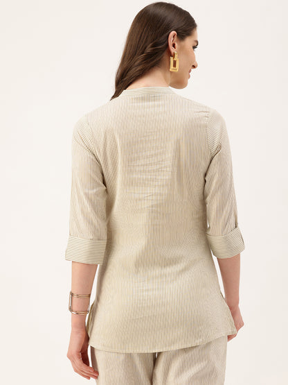 Off White Mandarin Collar Striped Tunic