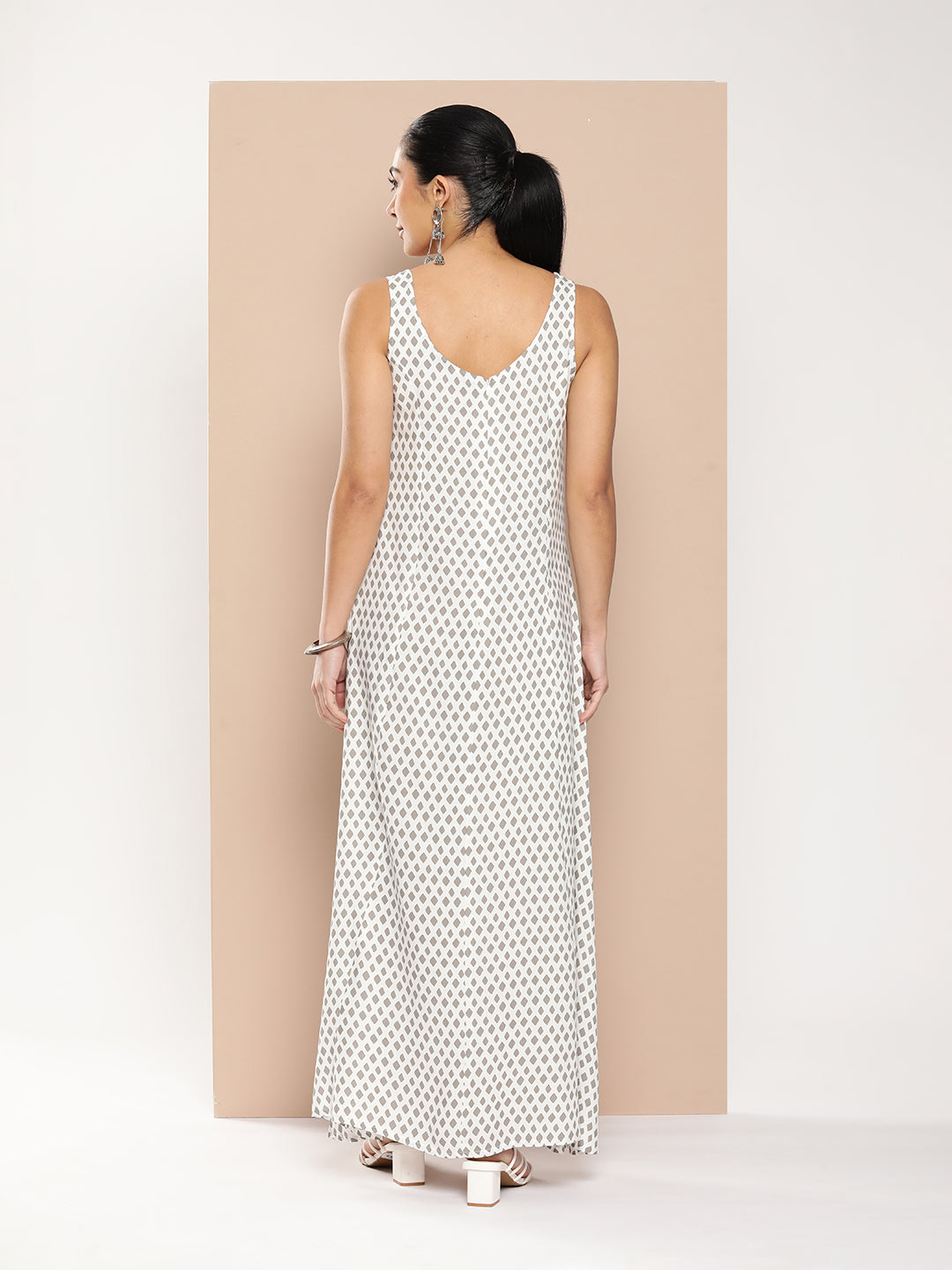 White Geometric Print Maxi Dress